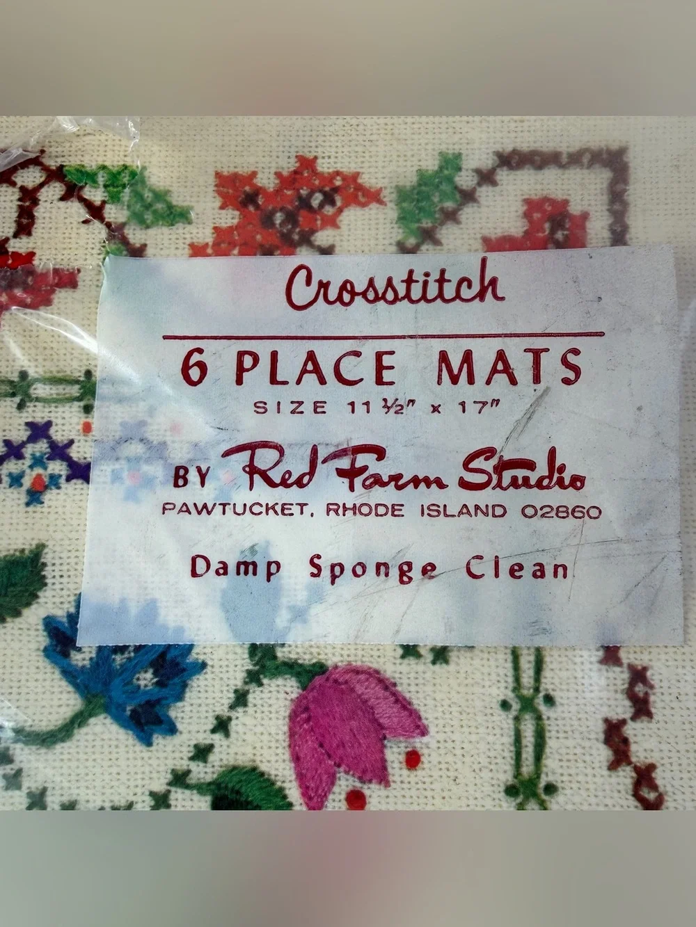 Vintage Set of 6 Red Farm Studio Cross-Stitch Placemat Set 11.5